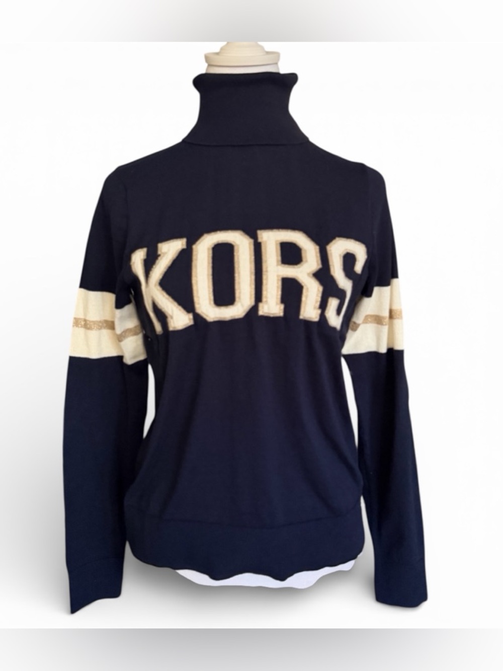 Michael Kors Navy and Cream Logo Turtleneck Sweater